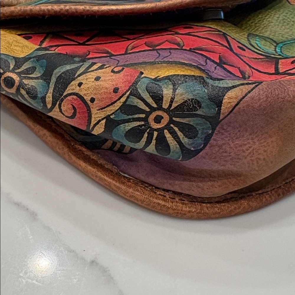 ANUSCHKA genuine leather flap shoulder bag hand painted colorful artsy brown - Picture 16 of 16